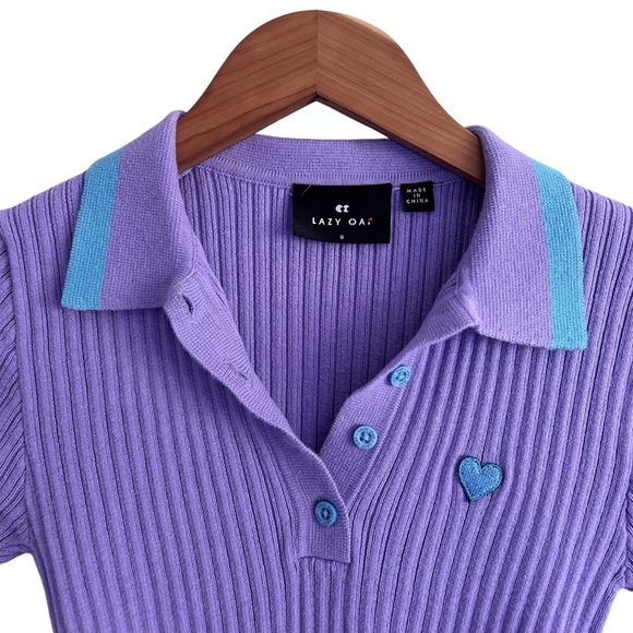 Lazy Oaf Sz US 2/XS Tiny Heart Polo Ribbed Knit Stretch Cotton Purple Cropped - Picture 4 of 10